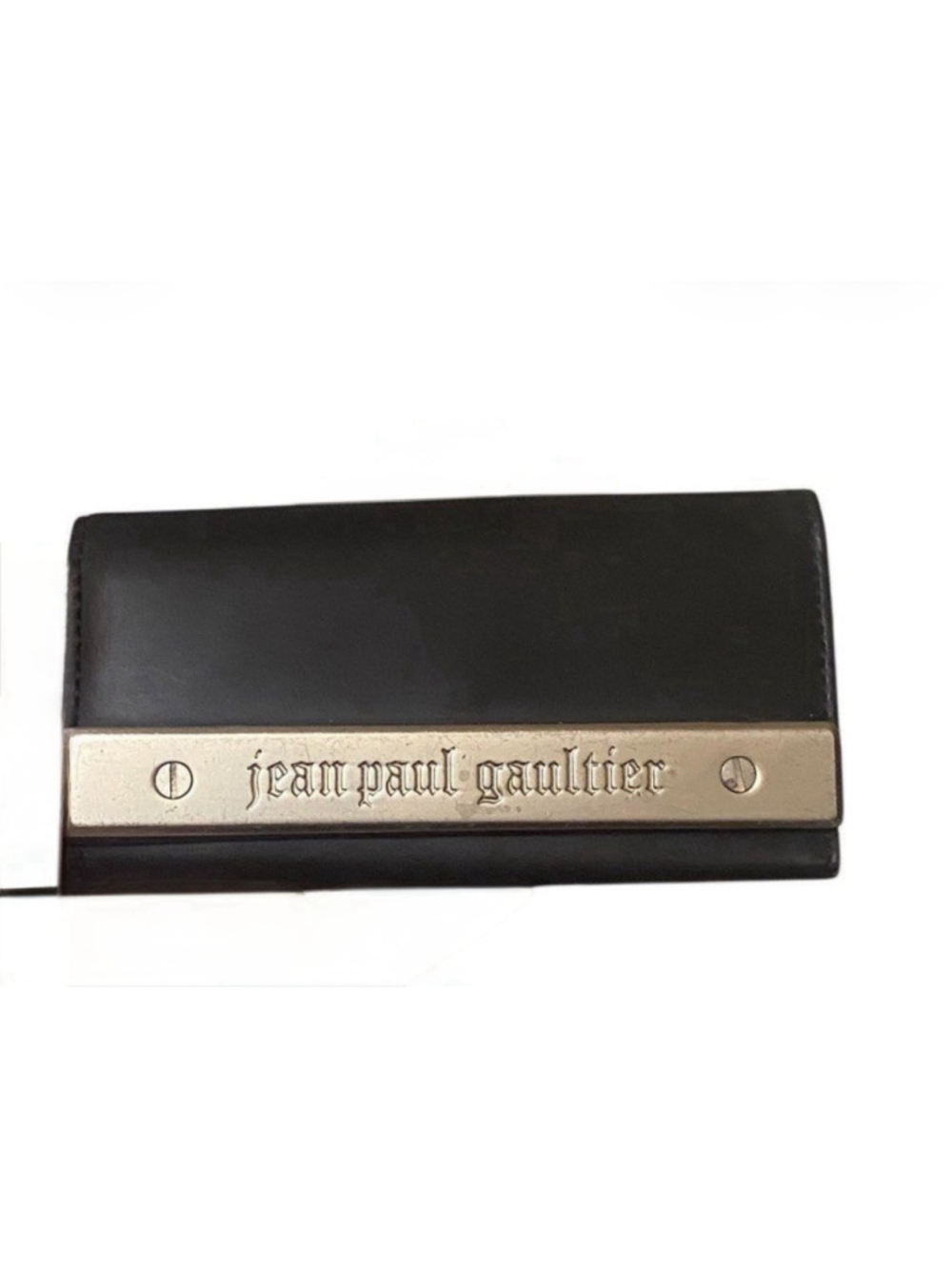 Jean Paul Gaultier Card Case Wallet Leather Black Silver Metal Plate Mens